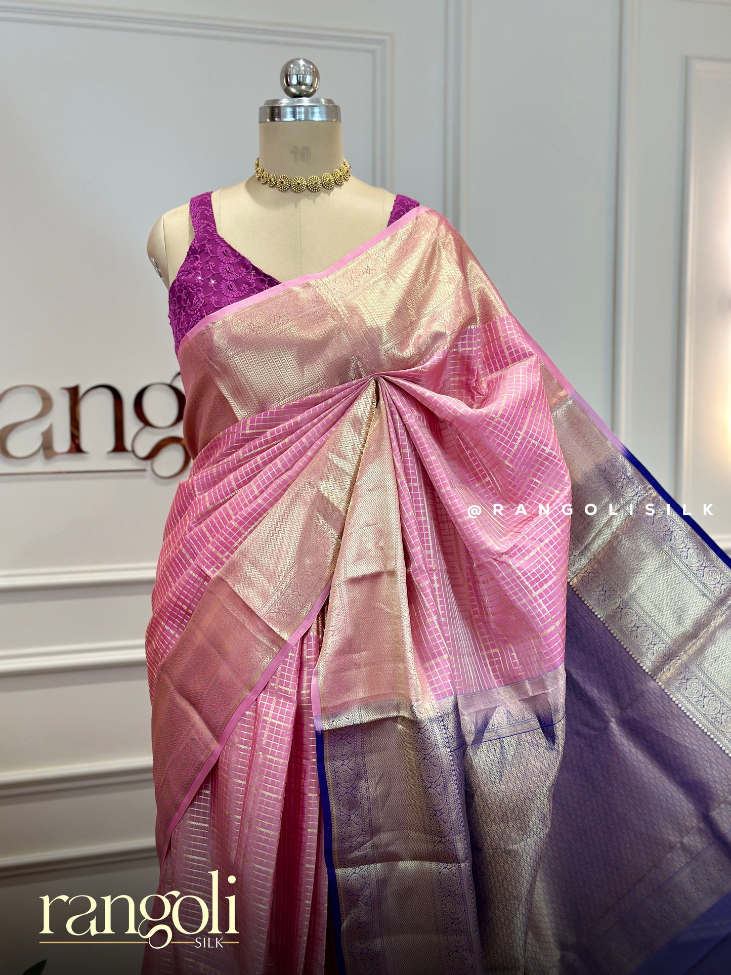 Rose Pink Checks Kanjivaram Silk Saree - Post 738
