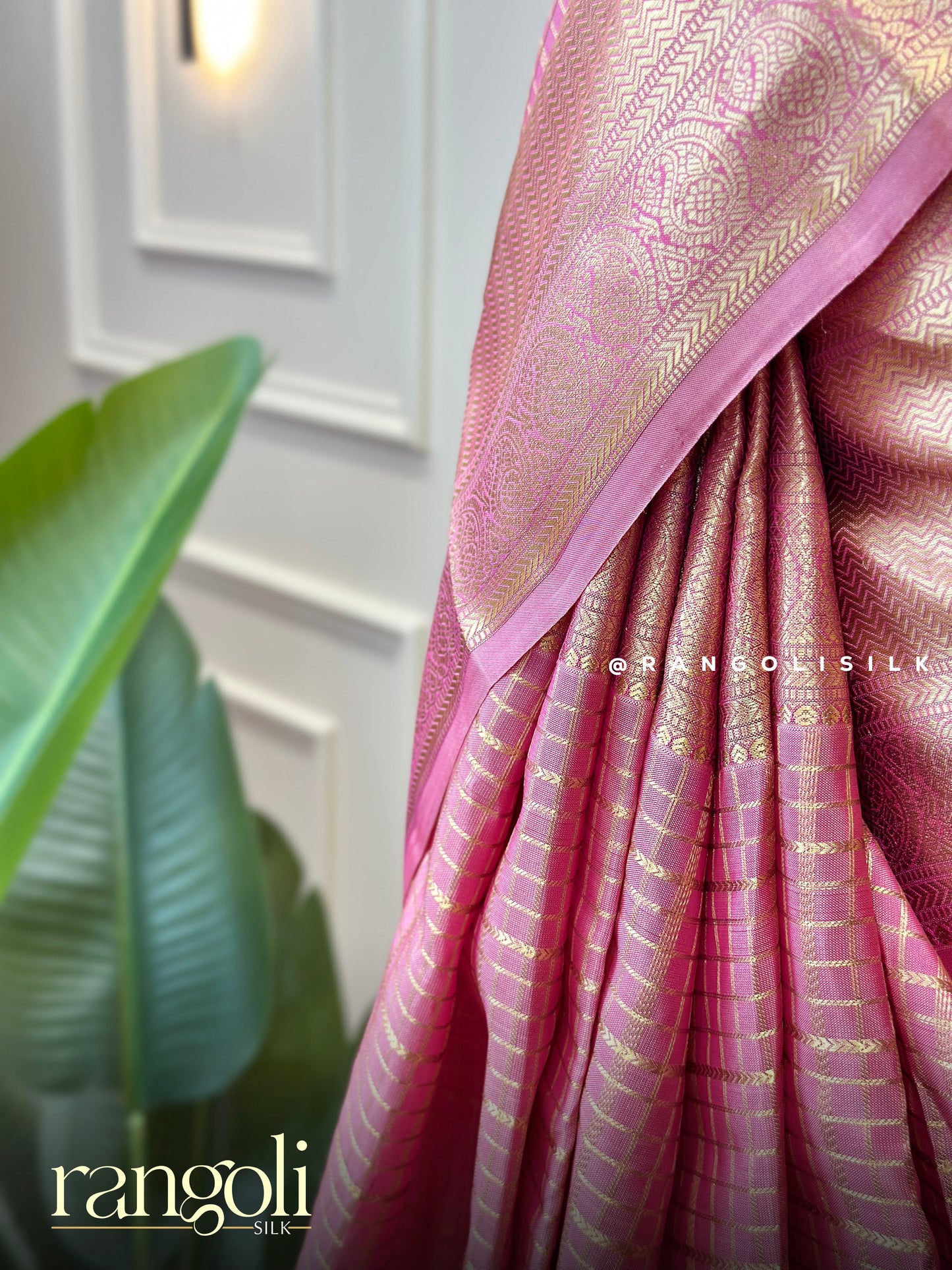 Rose Pink Checks Kanjivaram Silk Saree - Post 738
