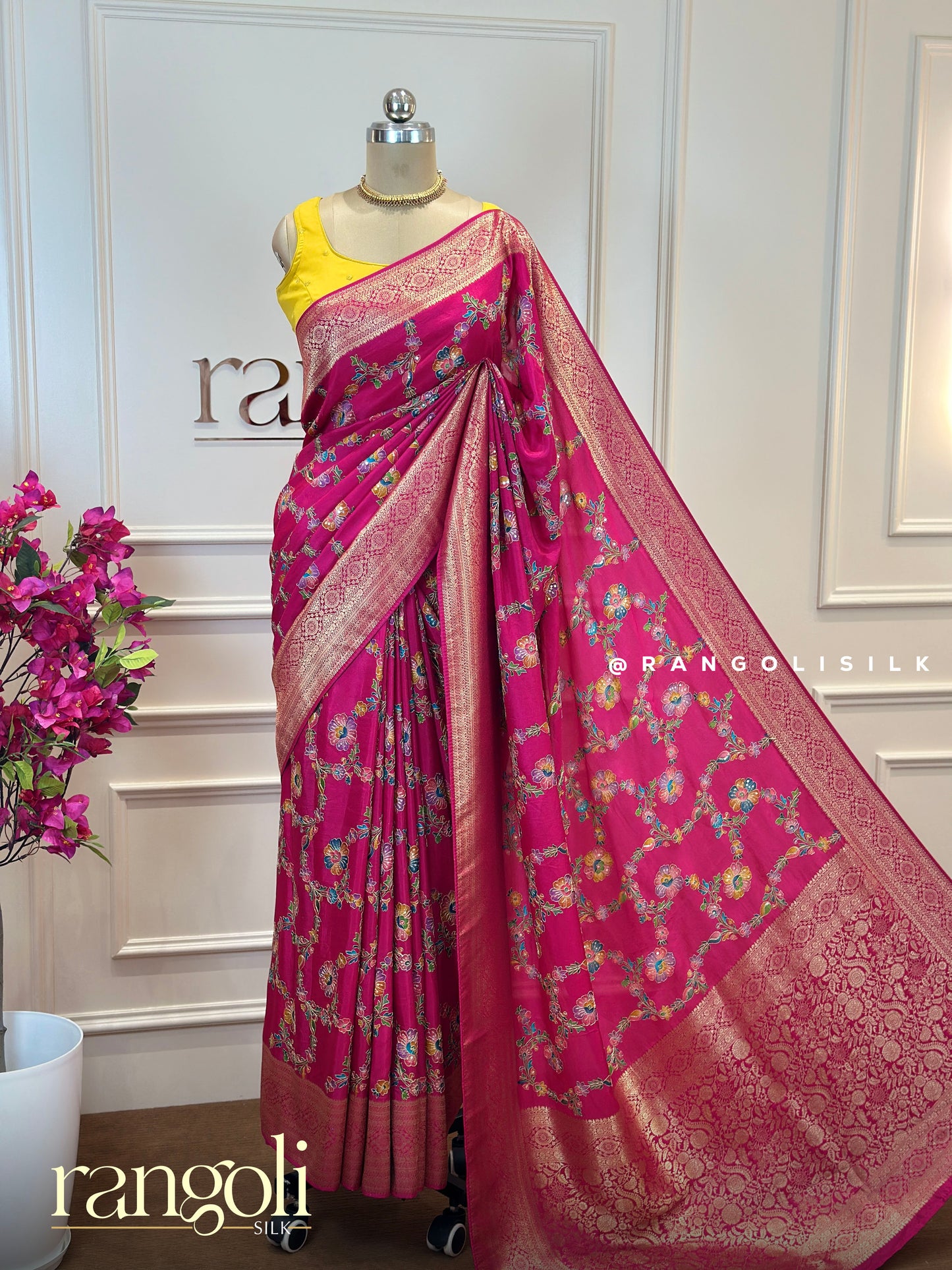 Exquisite Banarasi Saree with Traditional Motifs in Ivory, Magenta & Mustard - Post 669