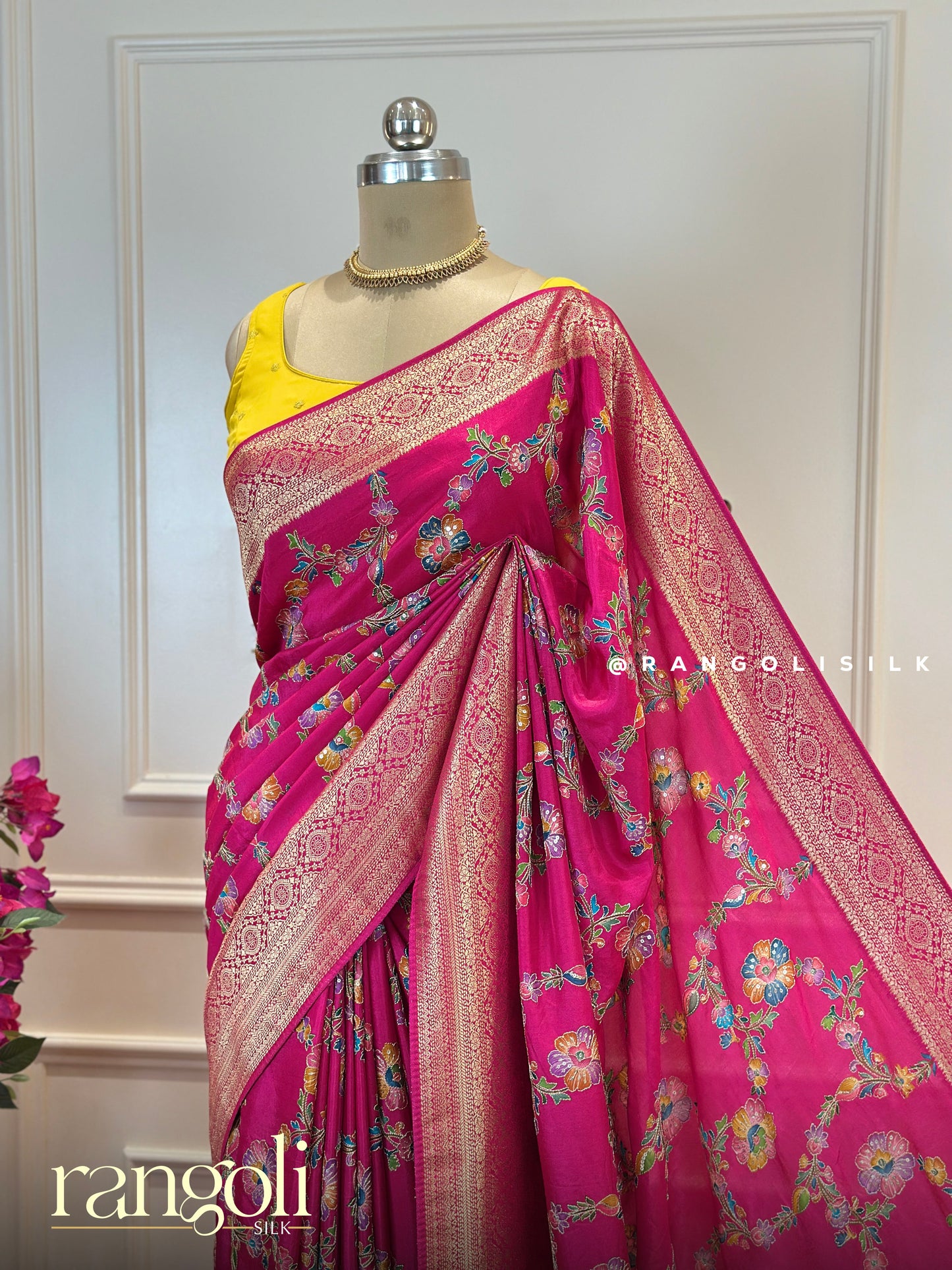 Exquisite Banarasi Saree with Traditional Motifs in Ivory, Magenta & Mustard - Post 669