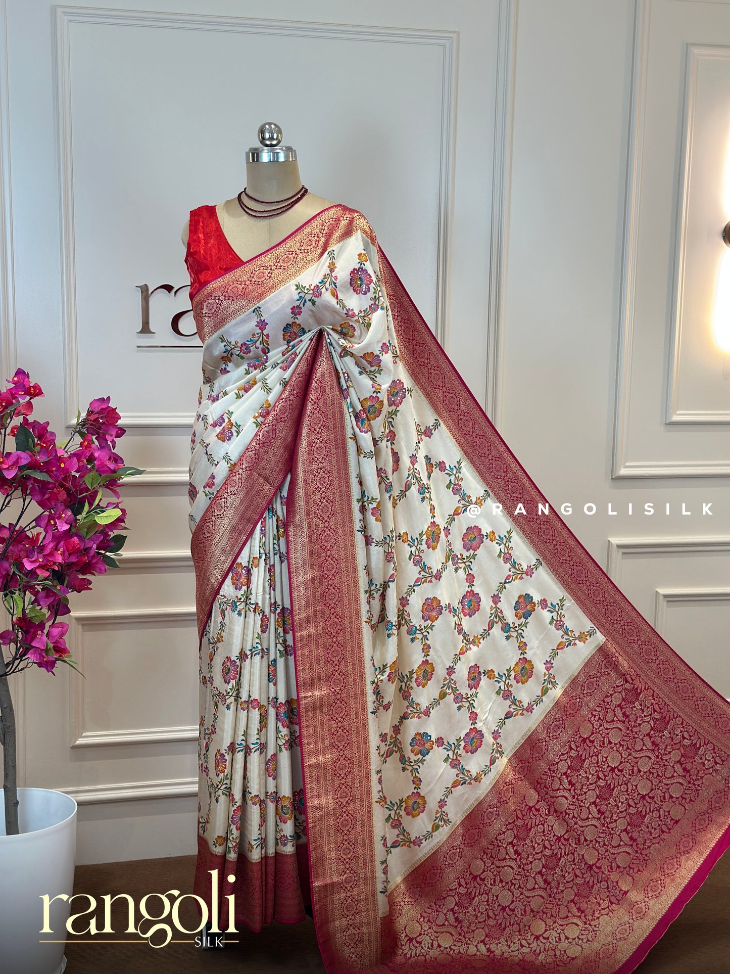 Exquisite Banarasi Saree with Traditional Motifs in Ivory, Magenta & Mustard - Post 669