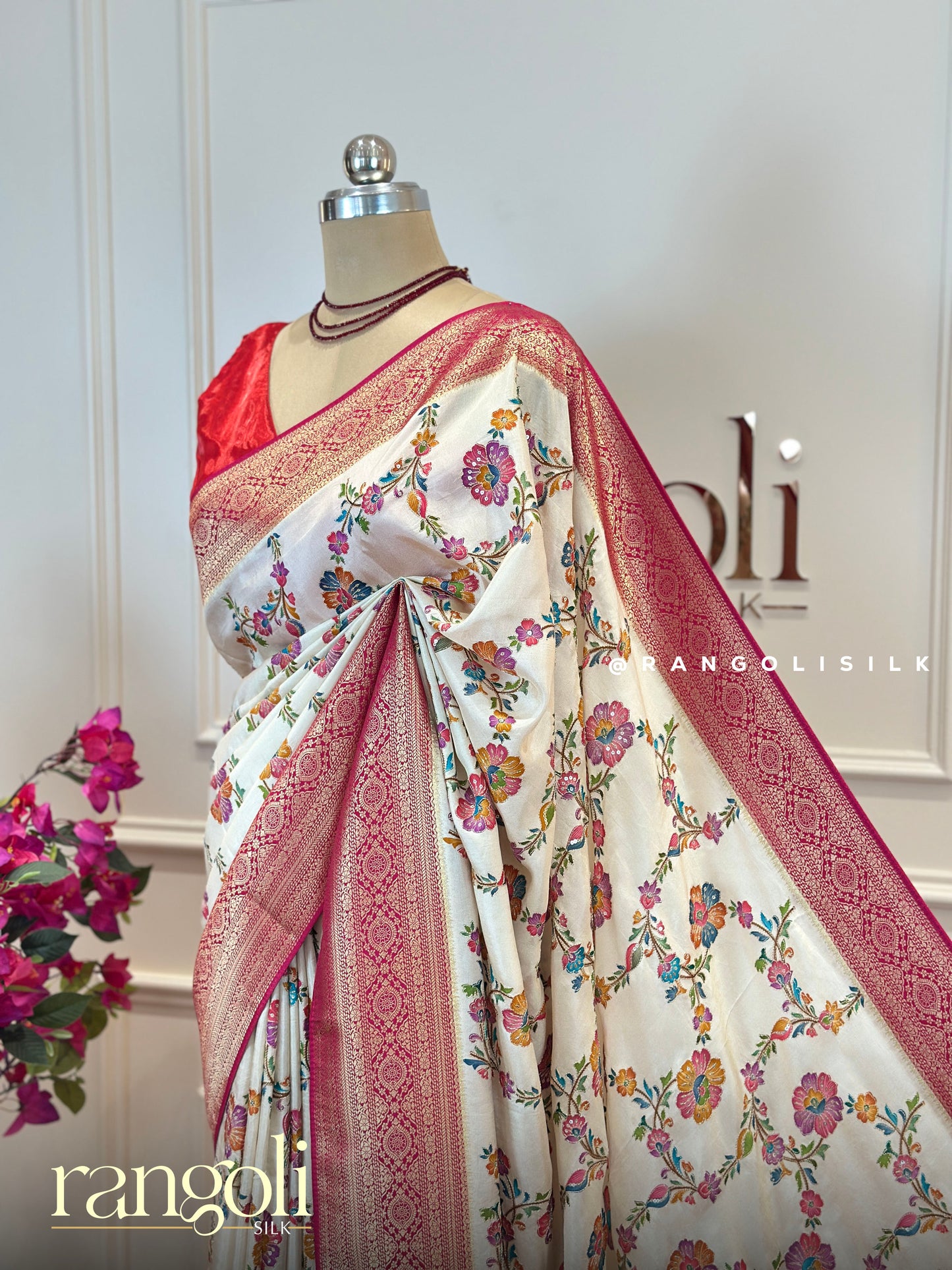 Exquisite Banarasi Saree with Traditional Motifs in Ivory, Magenta & Mustard - Post 669