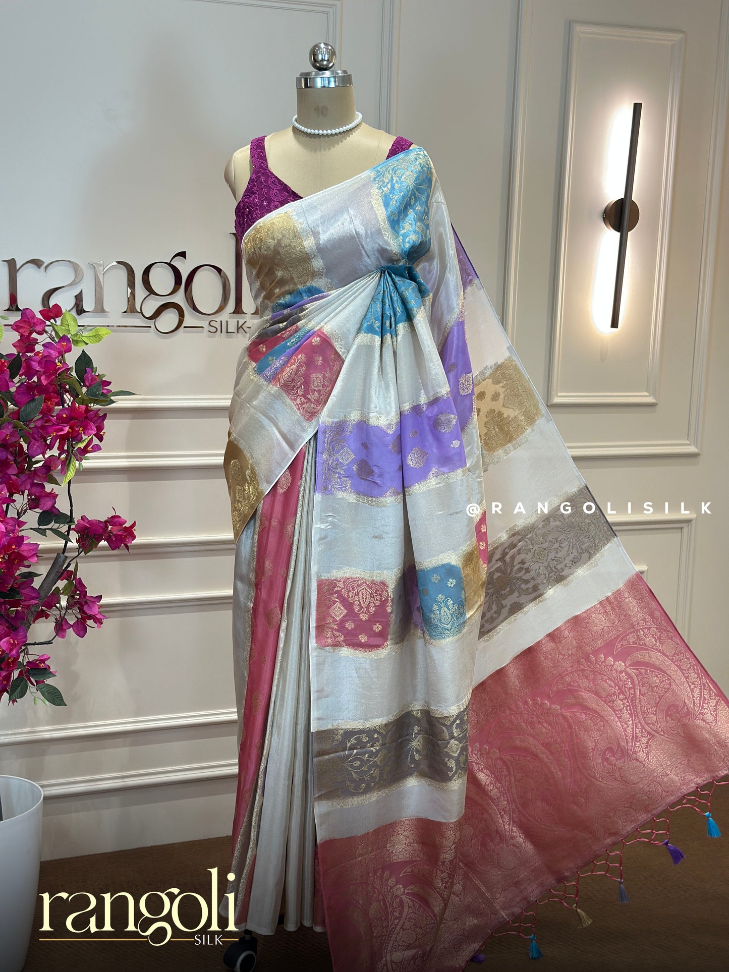Elegant Ivory Dupion Silk Saree with Antique Gold Zari Work & Tassel Pallu - Post 872
