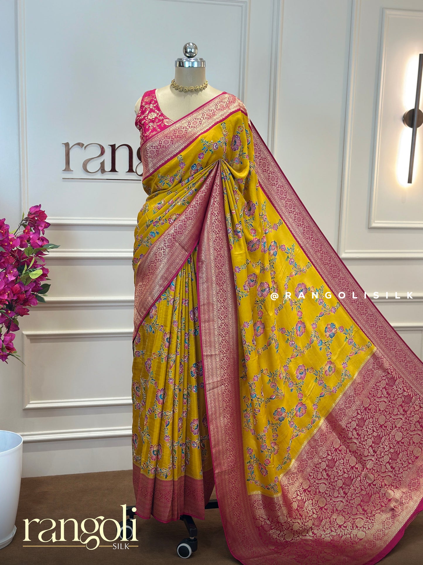 Exquisite Banarasi Saree with Traditional Motifs in Ivory, Magenta & Mustard - Post 669