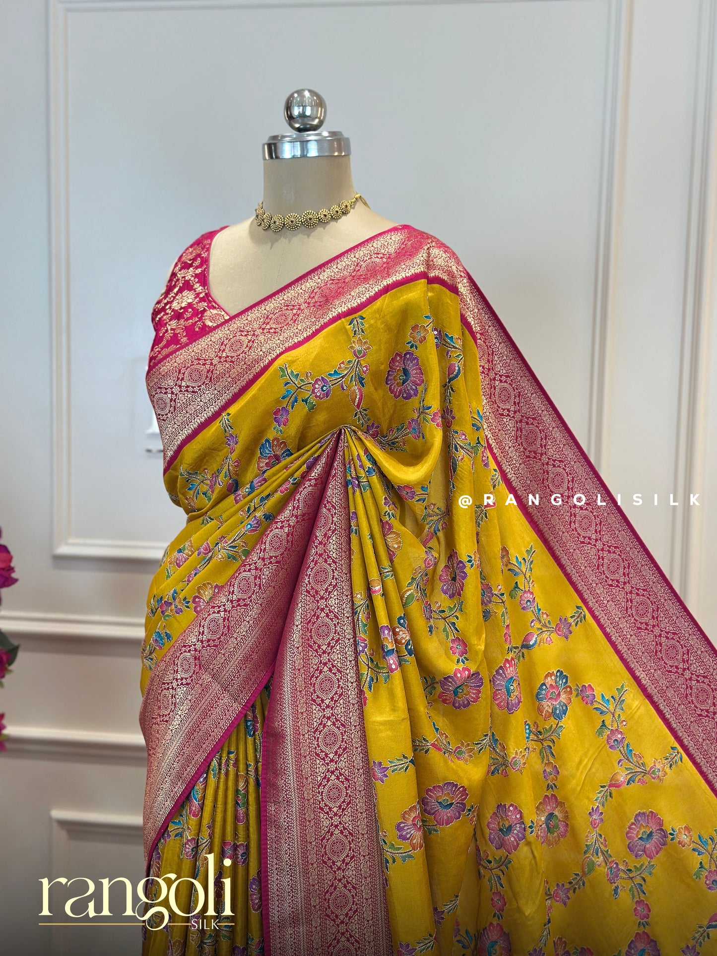 Exquisite Banarasi Saree with Traditional Motifs in Ivory, Magenta & Mustard - Post 669