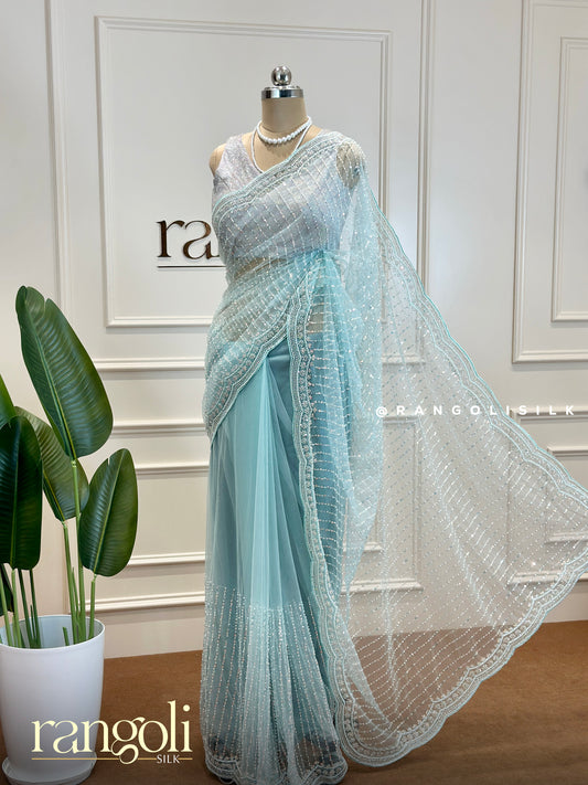 Icy Blue Designer Saree with Delicate Sequin Embellishments - Post 452