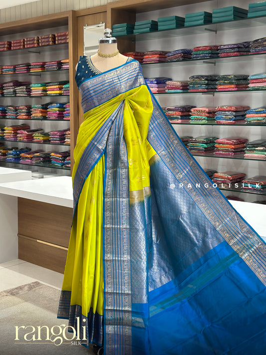 Elegant Lime Yellow & Blue Pure Half Kanjivaram Silk Saree - Post  978