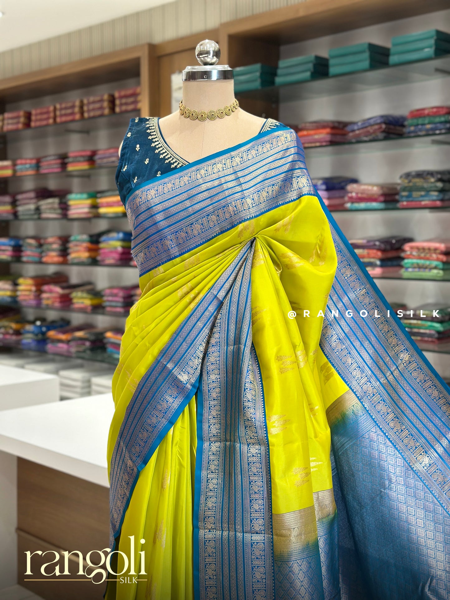Elegant Lime Yellow & Blue Pure Half Kanjivaram Silk Saree - Post  978