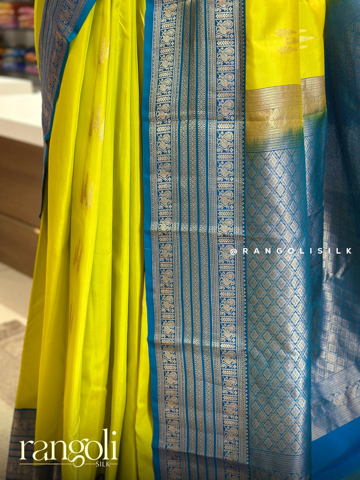 Elegant Lime Yellow & Blue Pure Half Kanjivaram Silk Saree - Post  978