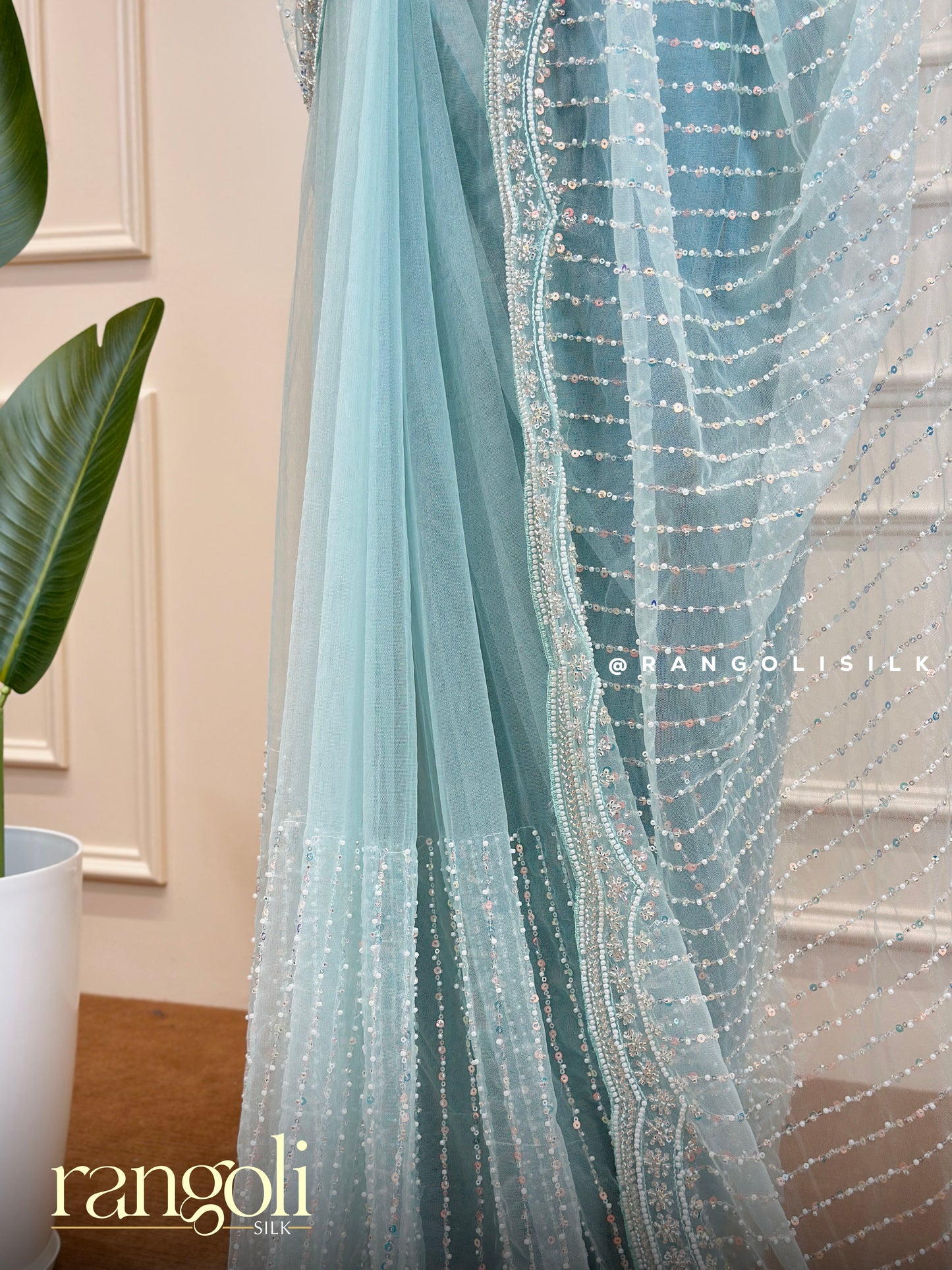 Icy Blue Designer Saree with Delicate Sequin Embellishments - Post 452