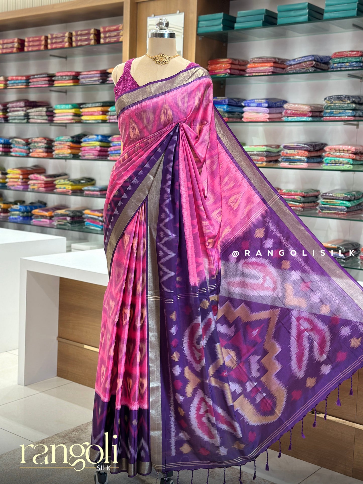 Soft Silk Pochampally Ikat Saree in Pink & Purple with Zari Border - Post 981