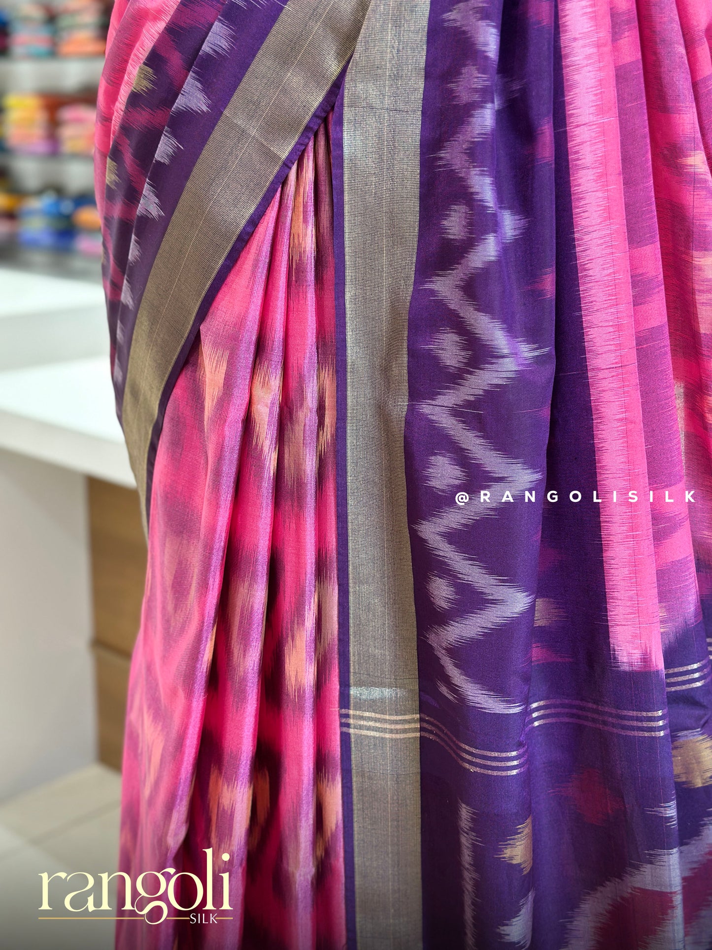 Soft Silk Pochampally Ikat Saree in Pink & Purple with Zari Border - Post 981
