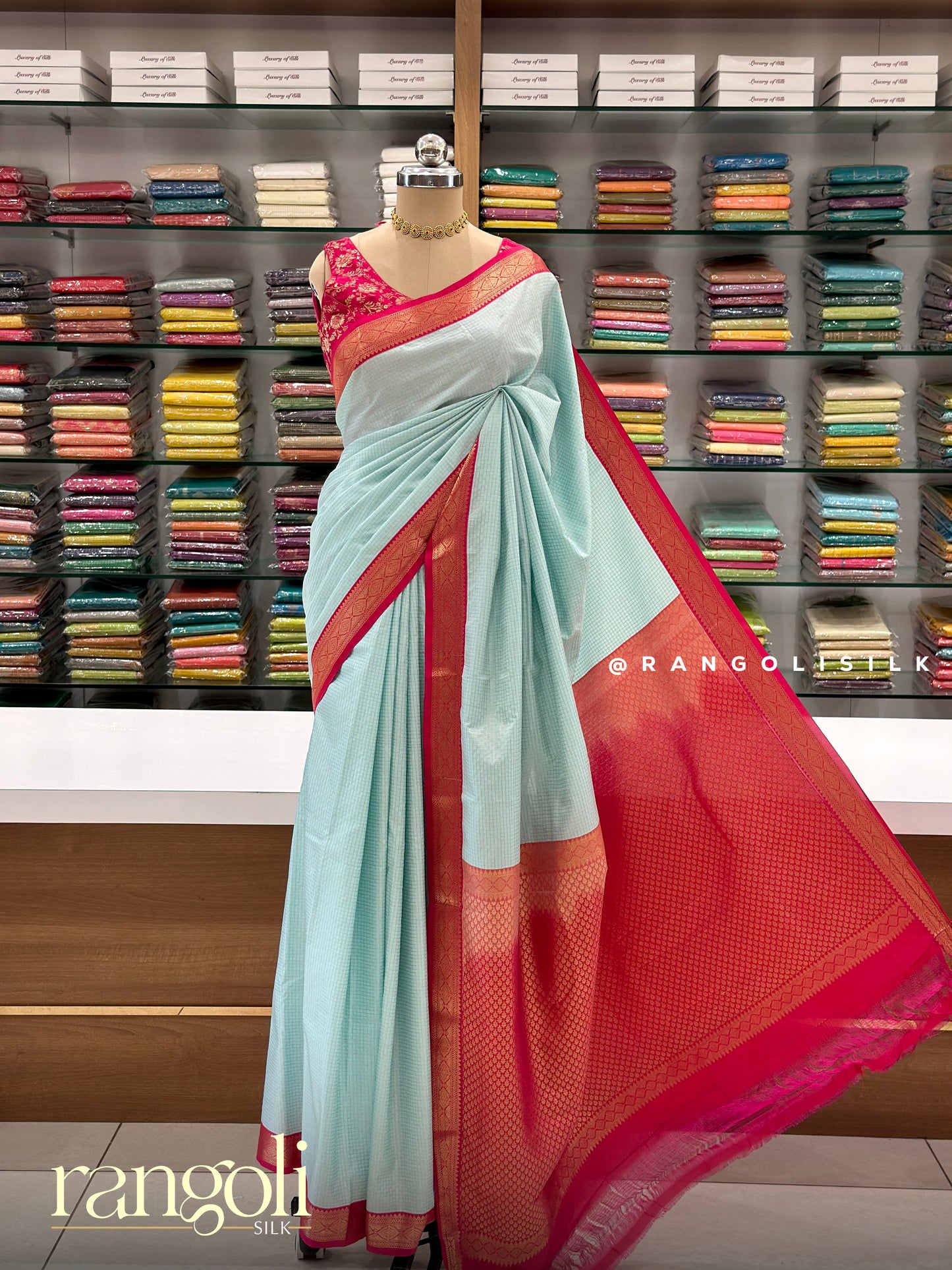 Semi Kanjivaram Silk Saree with Contrast Border & Micro Checks Pattern - Post 984