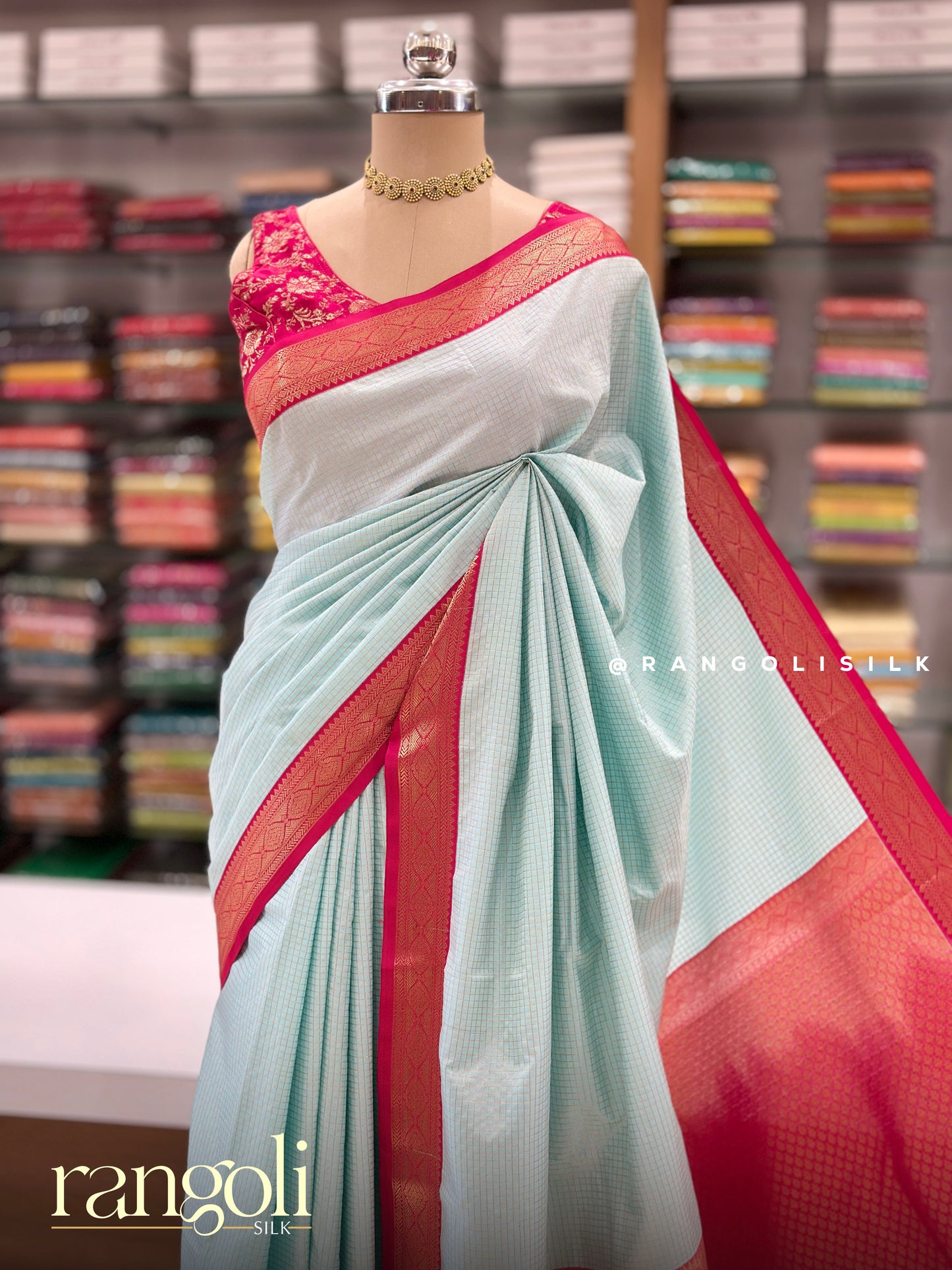 Semi Kanjivaram Silk Saree with Contrast Border & Micro Checks Pattern - Post 984