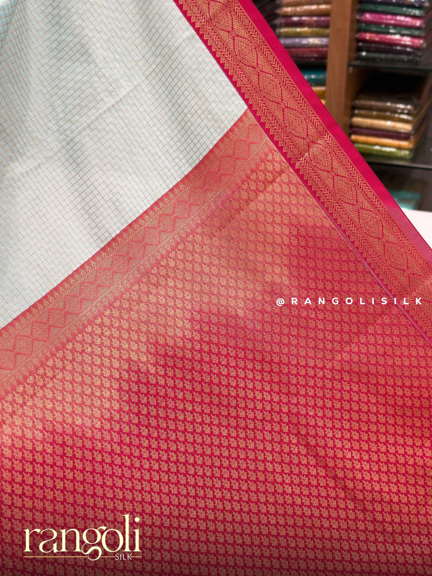 Semi Kanjivaram Silk Saree with Contrast Border & Micro Checks Pattern - Post 984