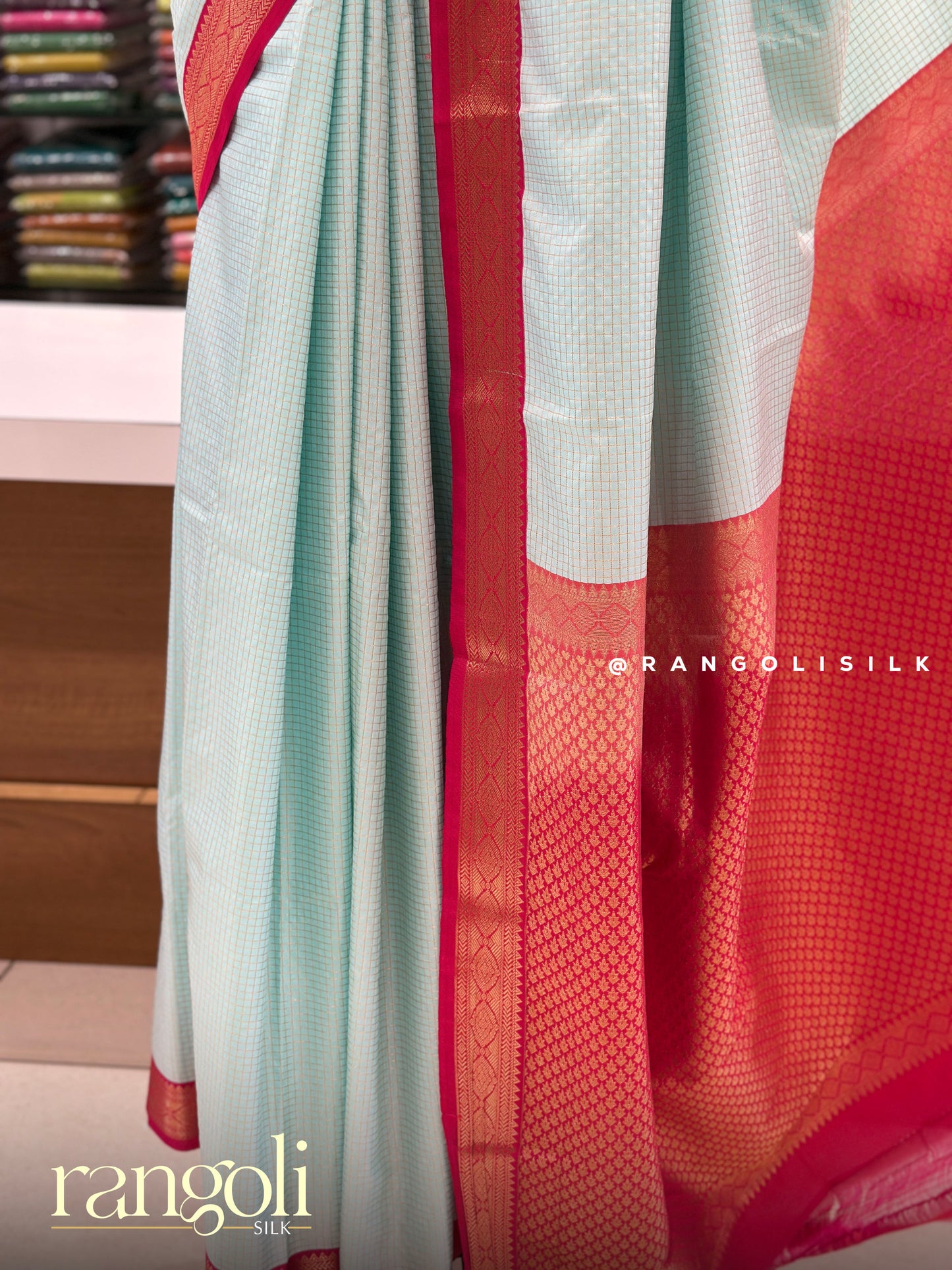 Semi Kanjivaram Silk Saree with Contrast Border & Micro Checks Pattern - Post 984