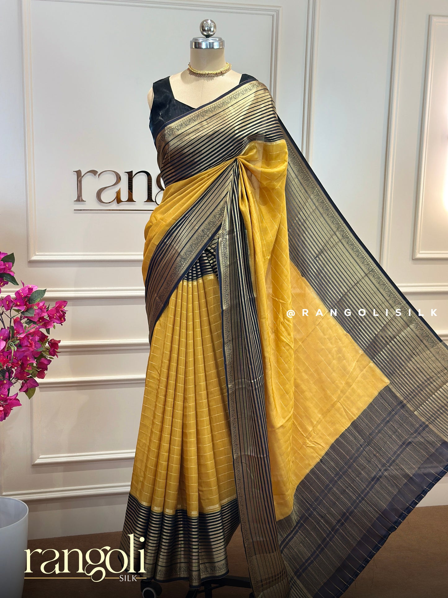 Semi Mysore Silk Crepe Saree with Gold Zari Checks - Post 856