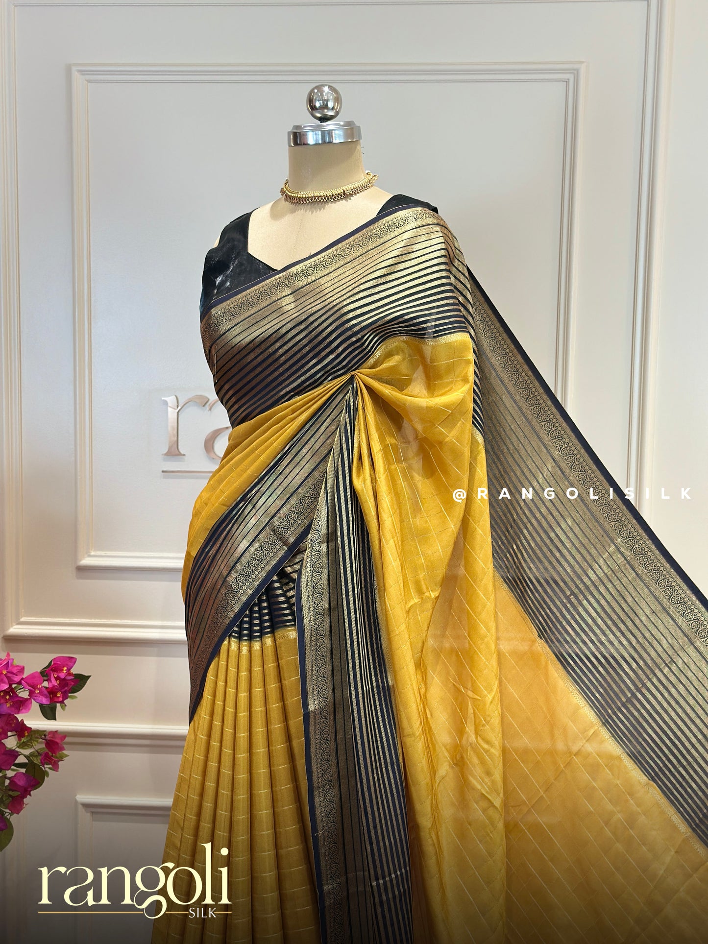 Semi Mysore Silk Crepe Saree with Gold Zari Checks - Post 856