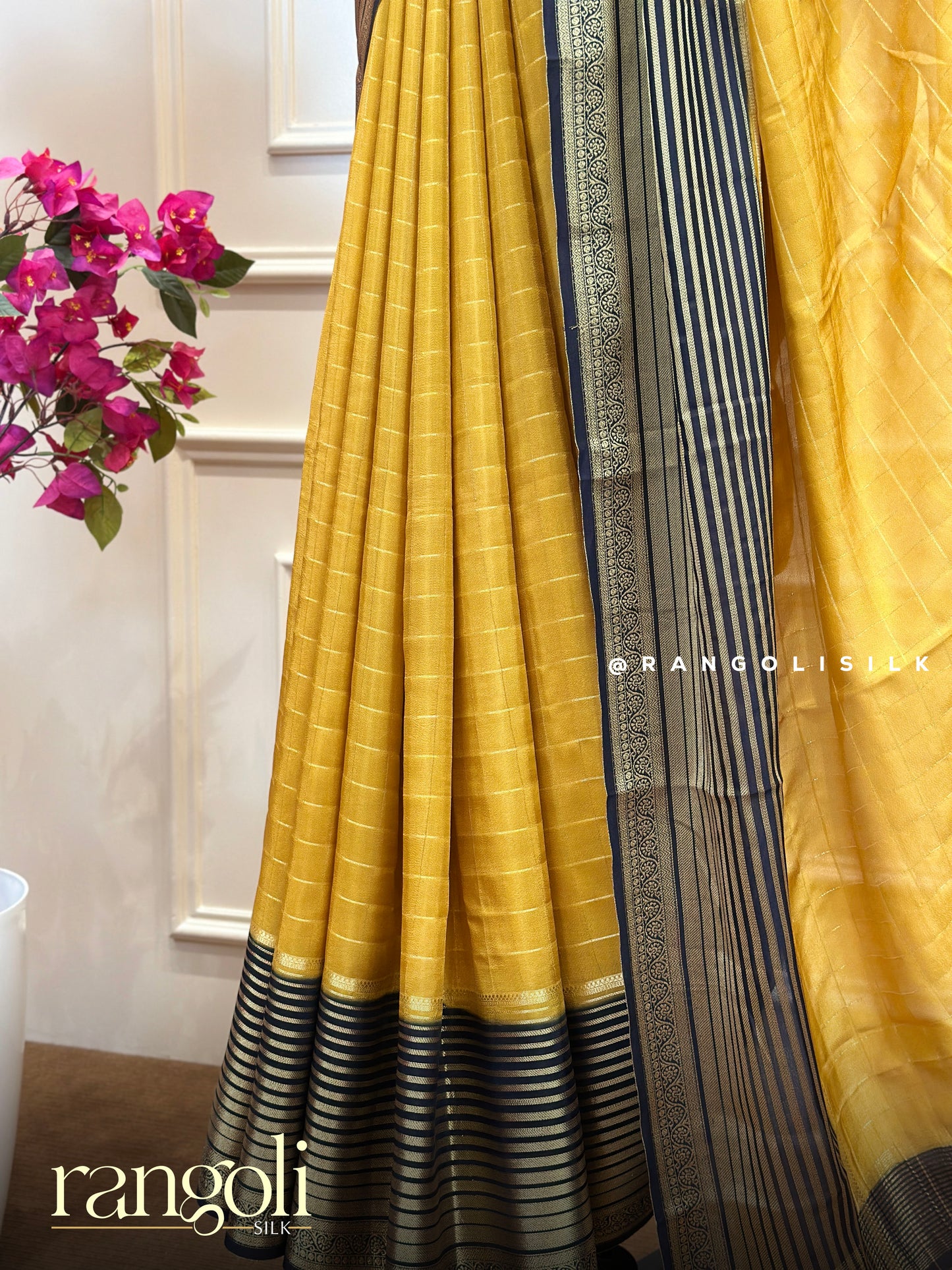 Semi Mysore Silk Crepe Saree with Gold Zari Checks - Post 856