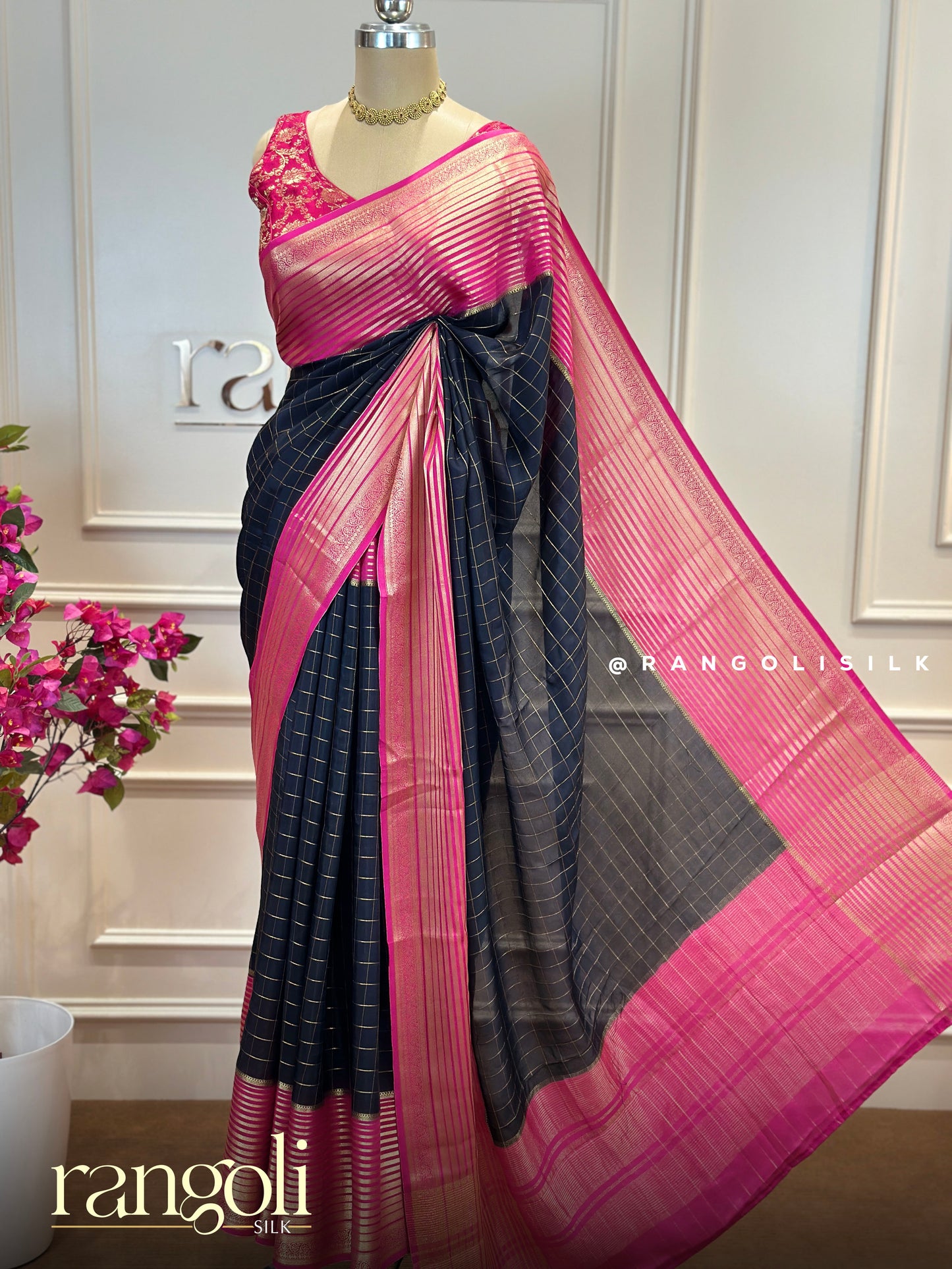 Semi Mysore Silk Crepe Saree with Gold Zari Checks - Post 856