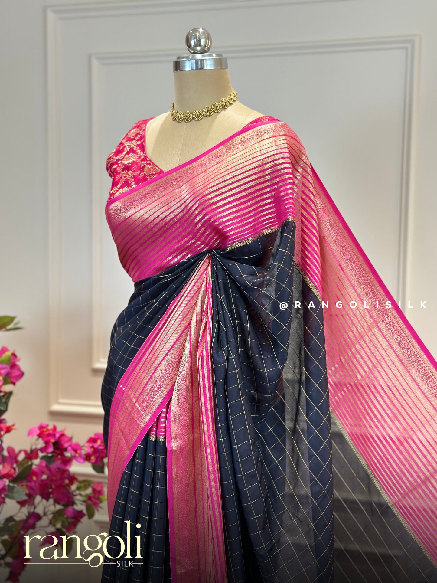 Semi Mysore Silk Crepe Saree with Gold Zari Checks - Post 856