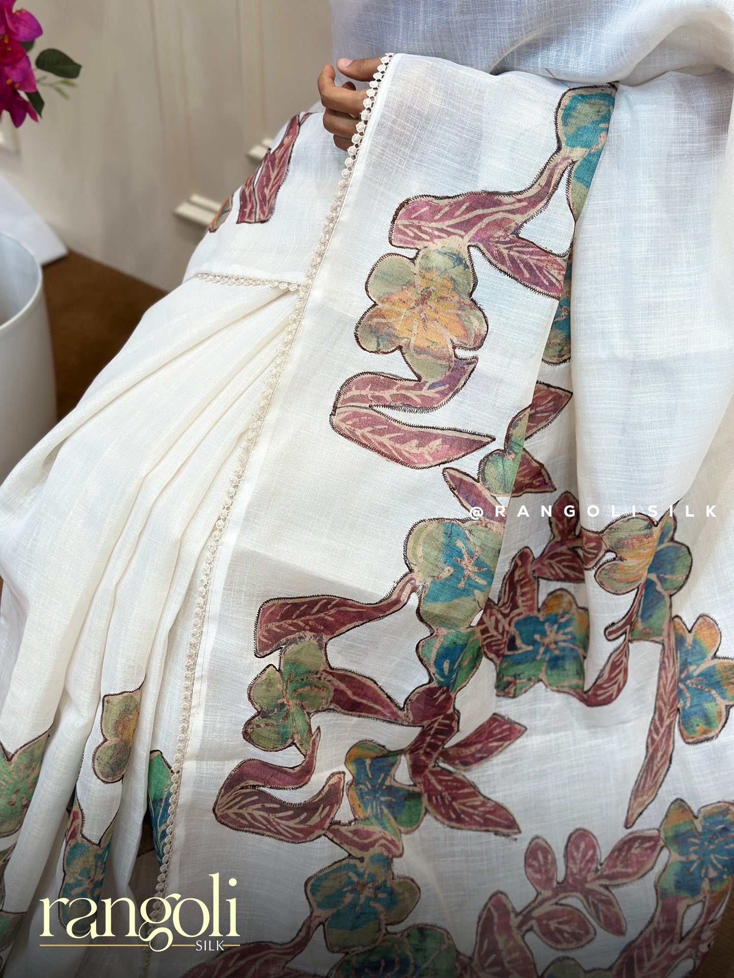 Fancy Cotton Saree in Ivory White with Multicolor Floral Design - Post 878