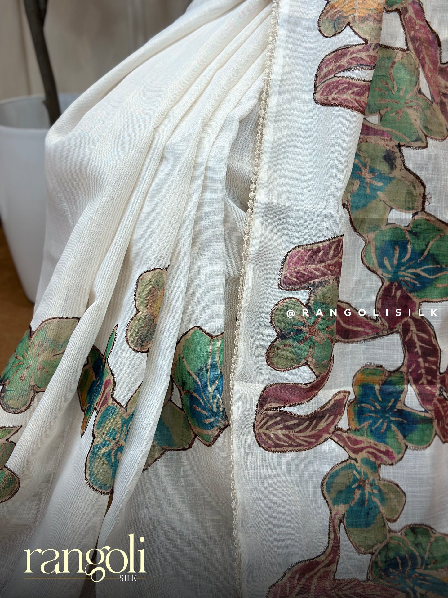 Fancy Cotton Saree in Ivory White with Multicolor Floral Design - Post 878