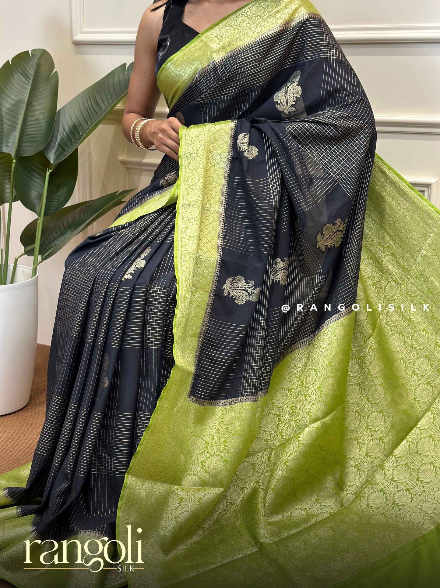 Semi Mysore Silk Saree Black Body with Green Contrast Border - Post 862