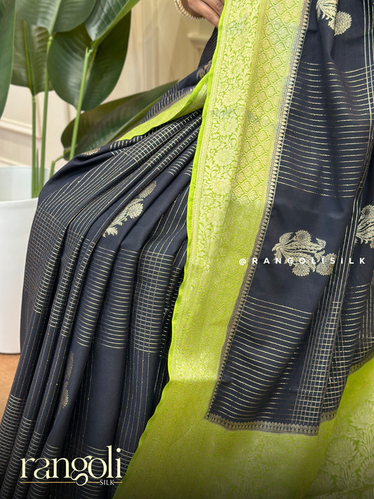 Semi Mysore Silk Saree Black Body with Green Contrast Border - Post 862
