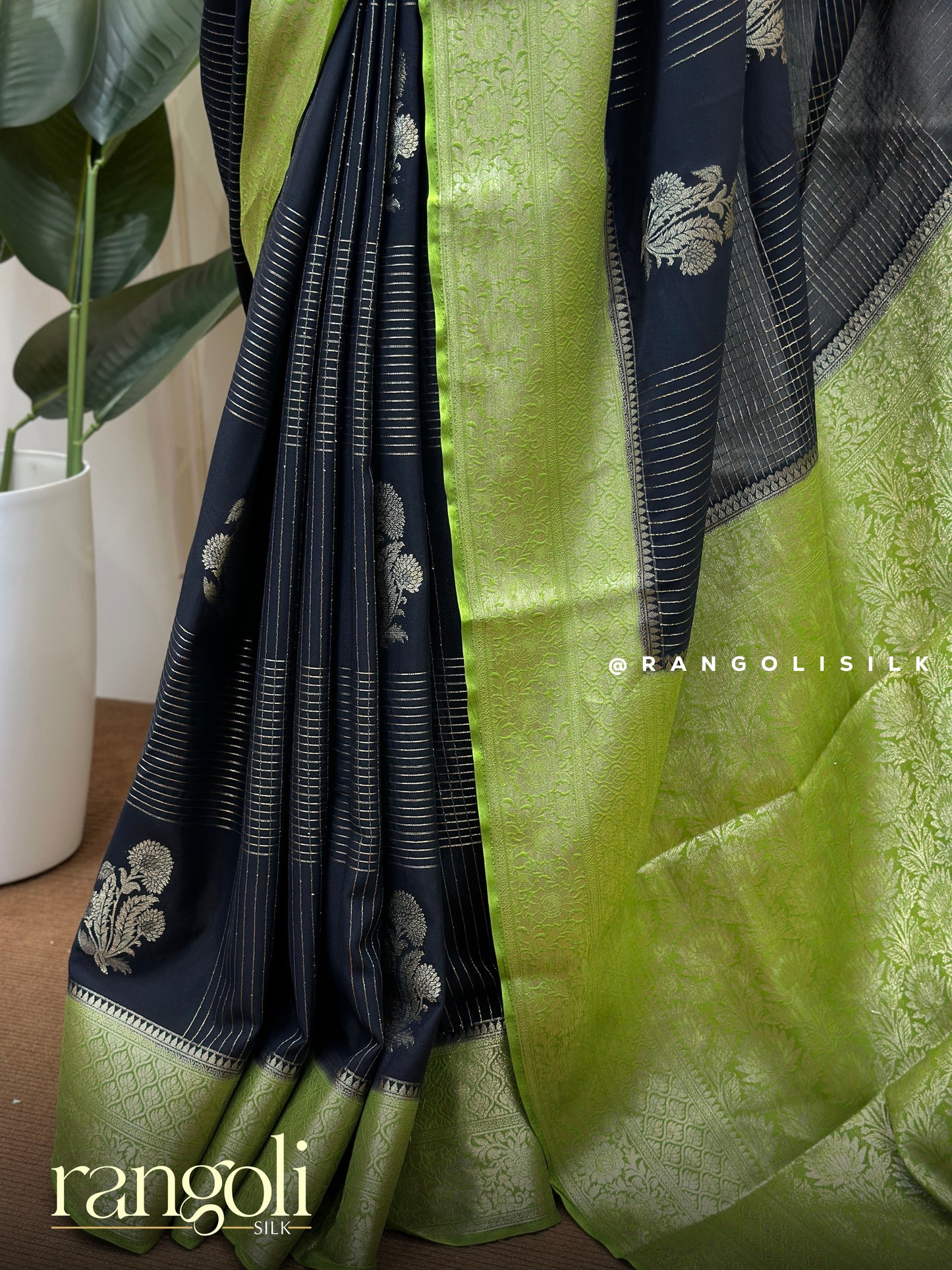 Semi Mysore Silk Saree Black Body with Green Contrast Border - Post 862