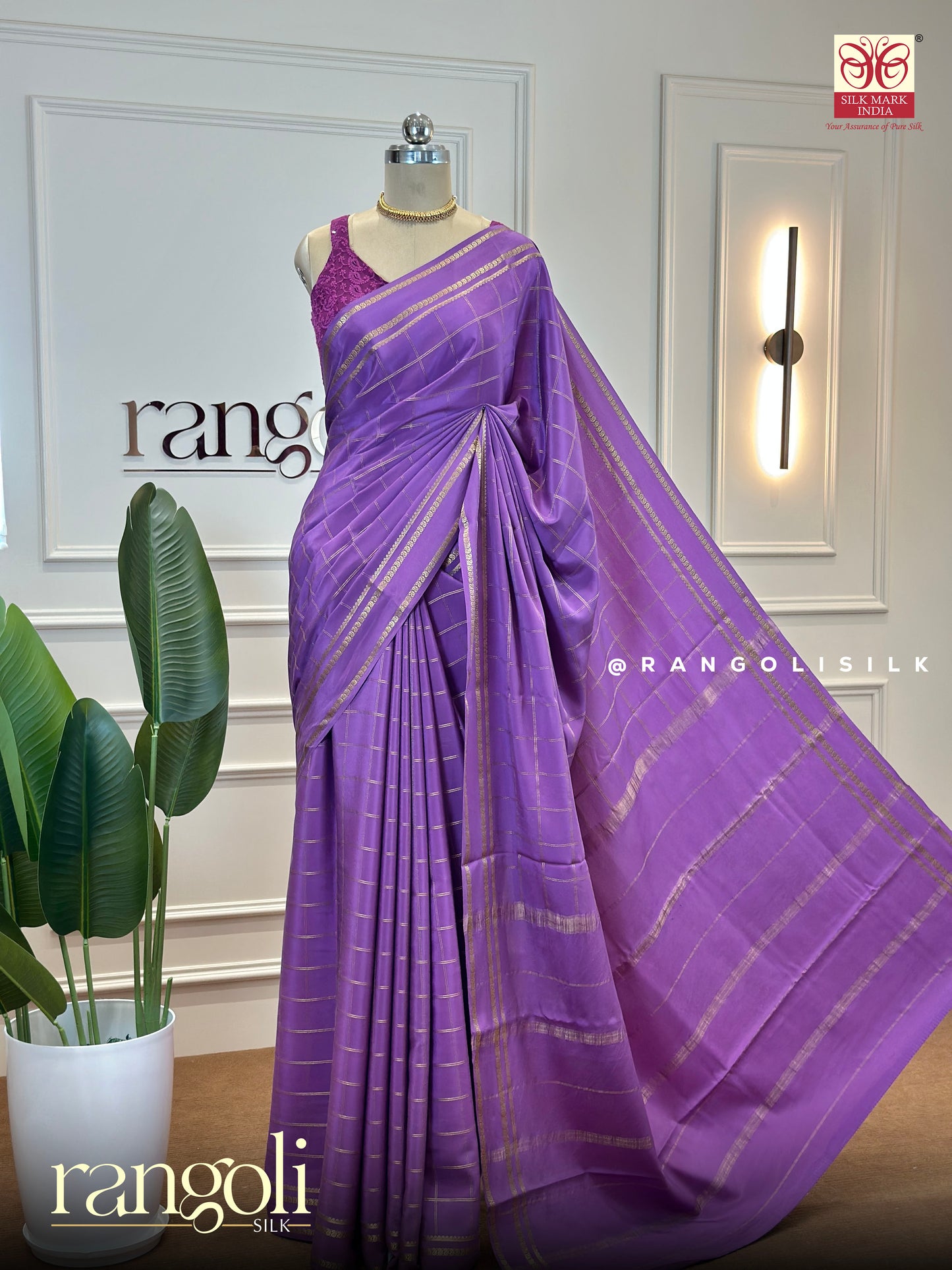 Pure Crepe Silk Saree in Royal Purple with Zari Checks - Post 454