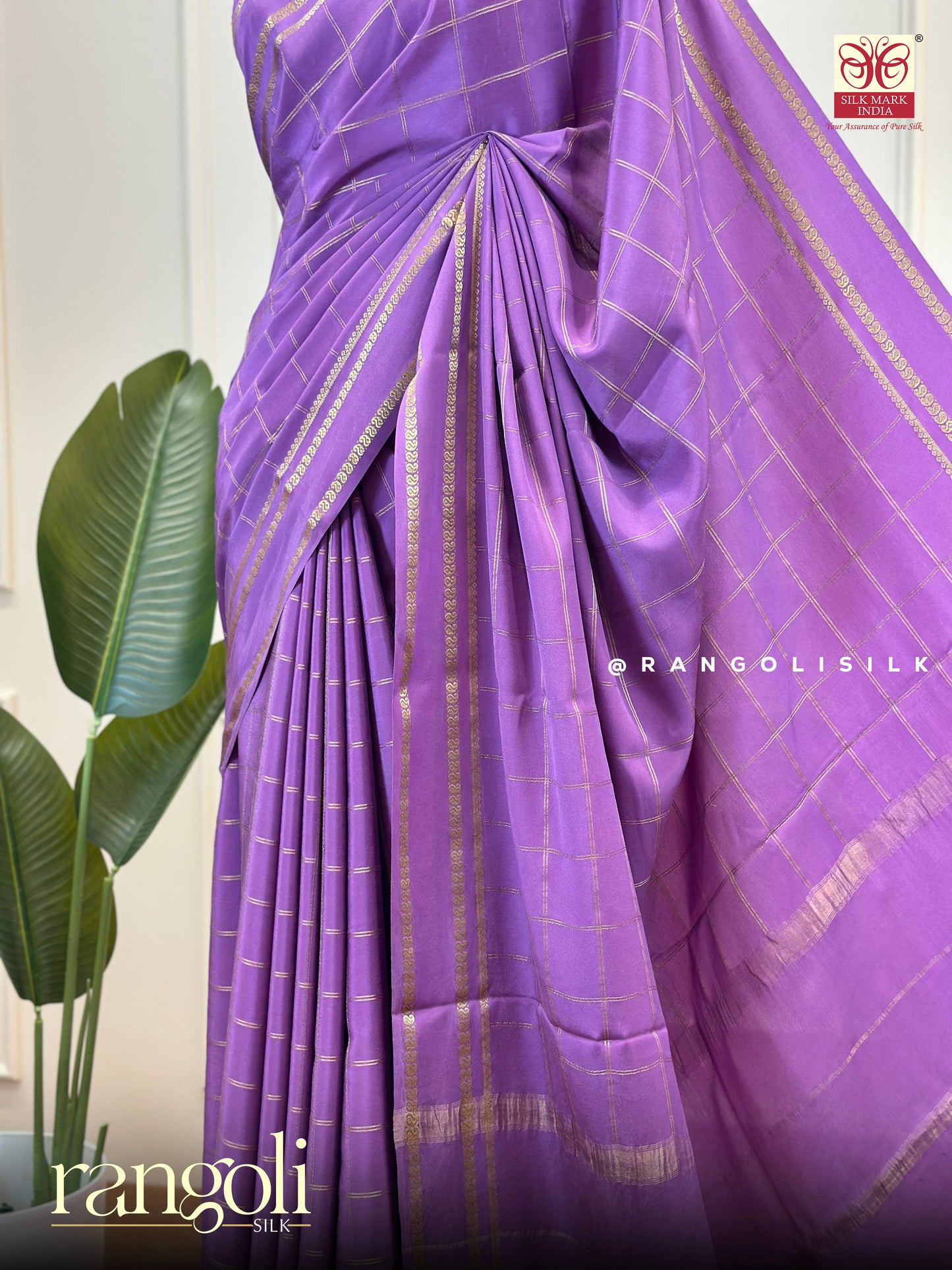 Pure Crepe Silk Saree in Royal Purple with Zari Checks - Post 454