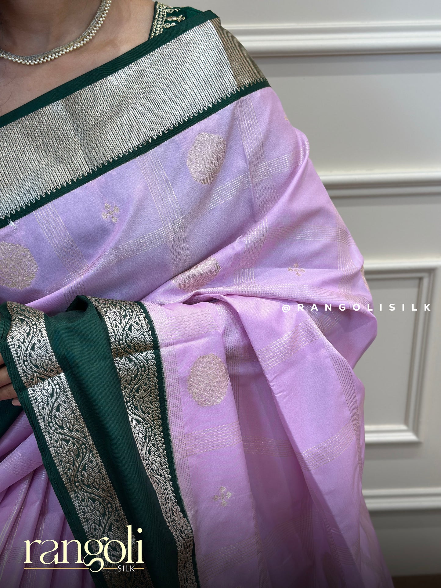 Soft Silk Saree in Lavender with Deep Green Contrast & Intricate Bentex Border - Post 866