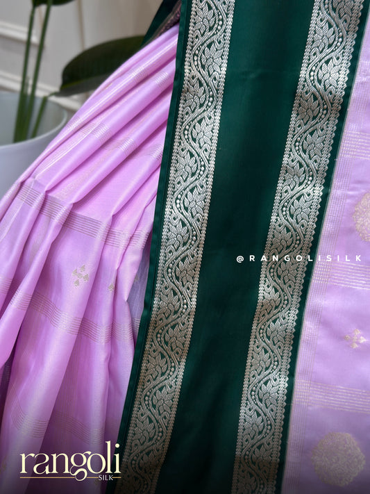 Soft Silk Saree in Lavender with Deep Green Contrast & Intricate Bentex Border - Post 866