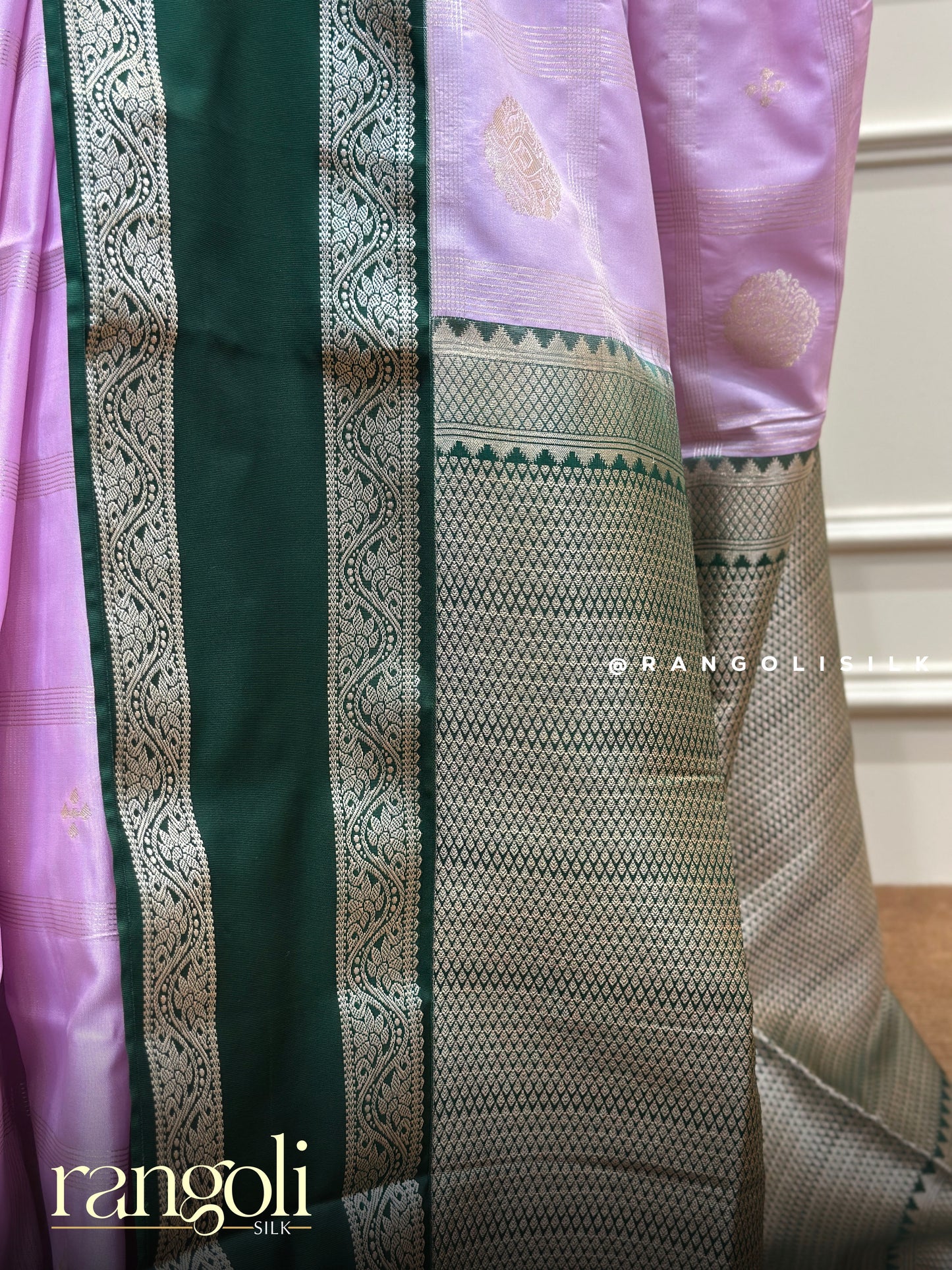 Soft Silk Saree in Lavender with Deep Green Contrast & Intricate Bentex Border - Post 866
