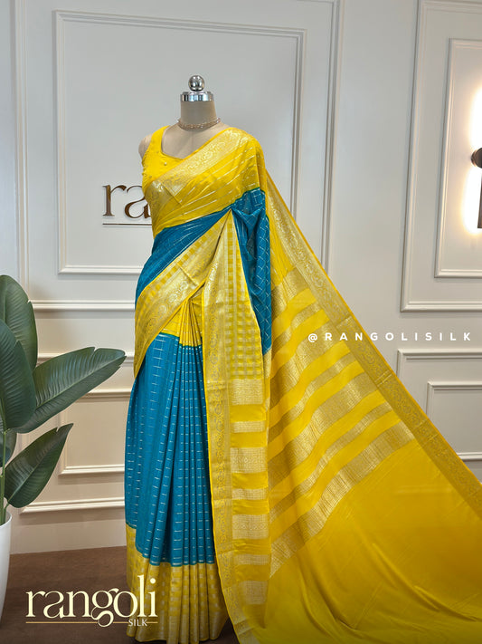 Sunshine Yellow & Teal Blue Semi Mysore Silk Saree with Zari Detailing – Post 568