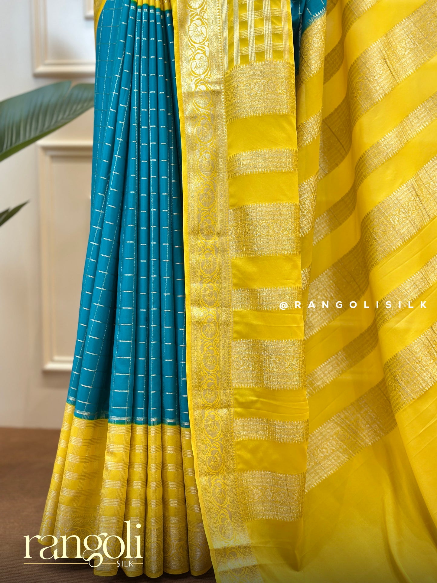 Sunshine Yellow & Teal Blue Semi Mysore Silk Saree with Zari Detailing – Post 568