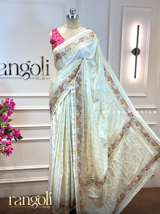 Ivory Tissue Silk Sarees with Intricate Woven Floral Designs - Post 979