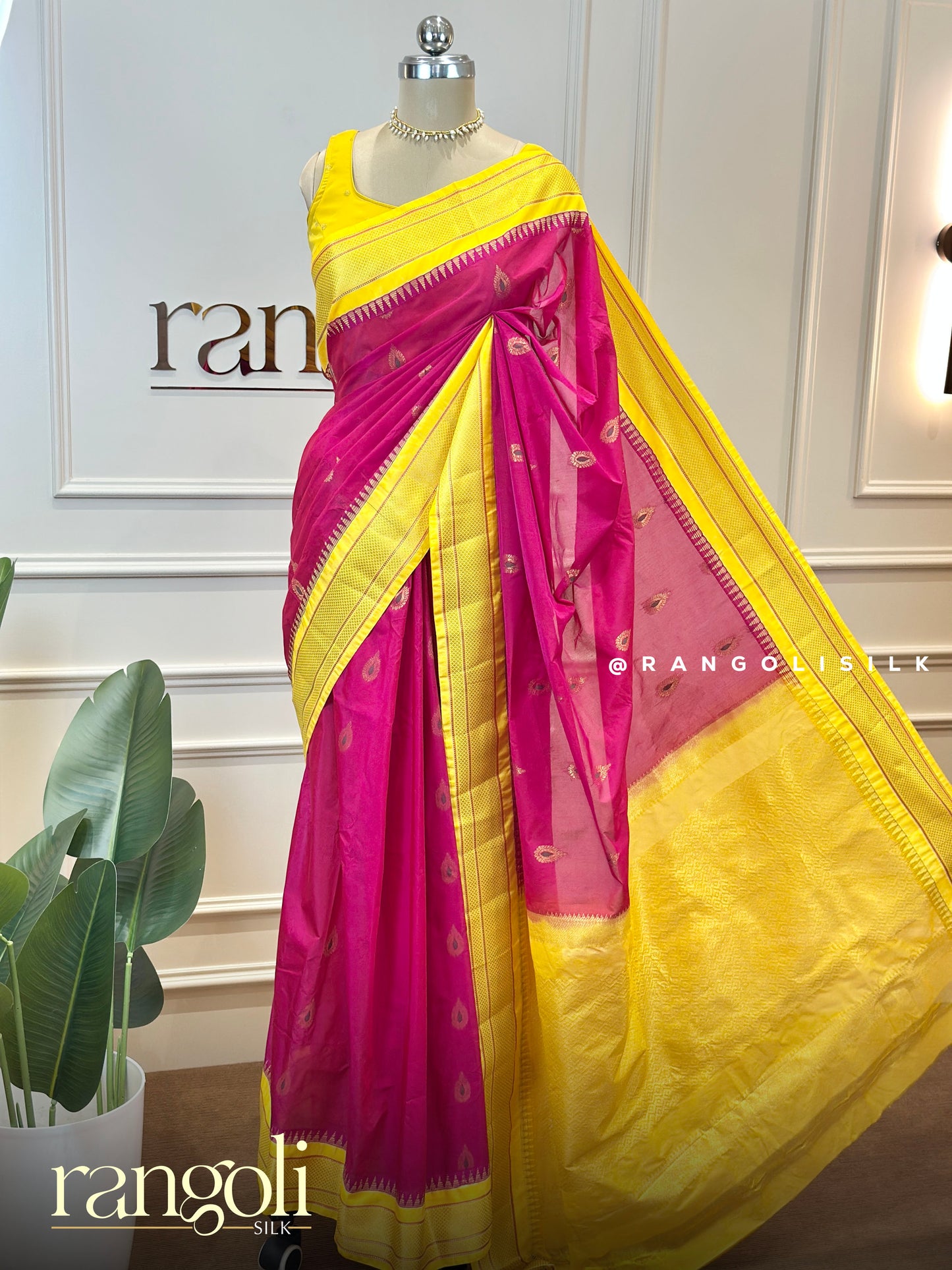 Sunshine Yellow & Rani Pink Gadwal Cotton Saree with Zari Border - Post 747