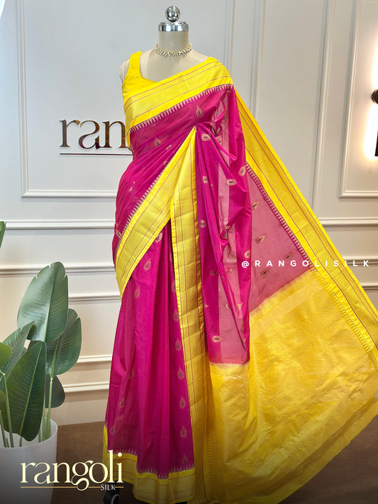 Sunshine Yellow & Rani Pink Gadwal Cotton Saree with Zari Border - Post 747