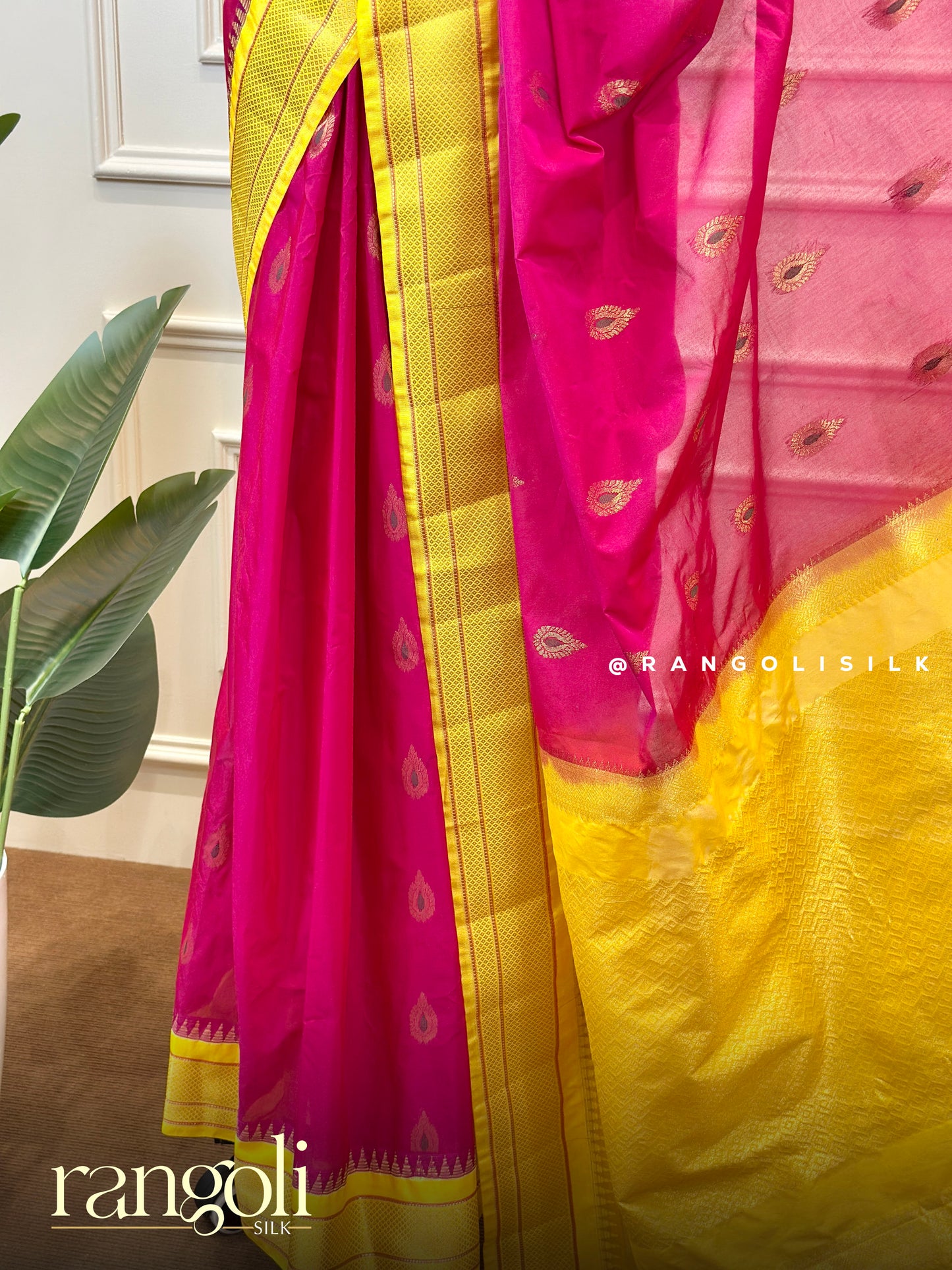 Sunshine Yellow & Rani Pink Gadwal Cotton Saree with Zari Border - Post 747