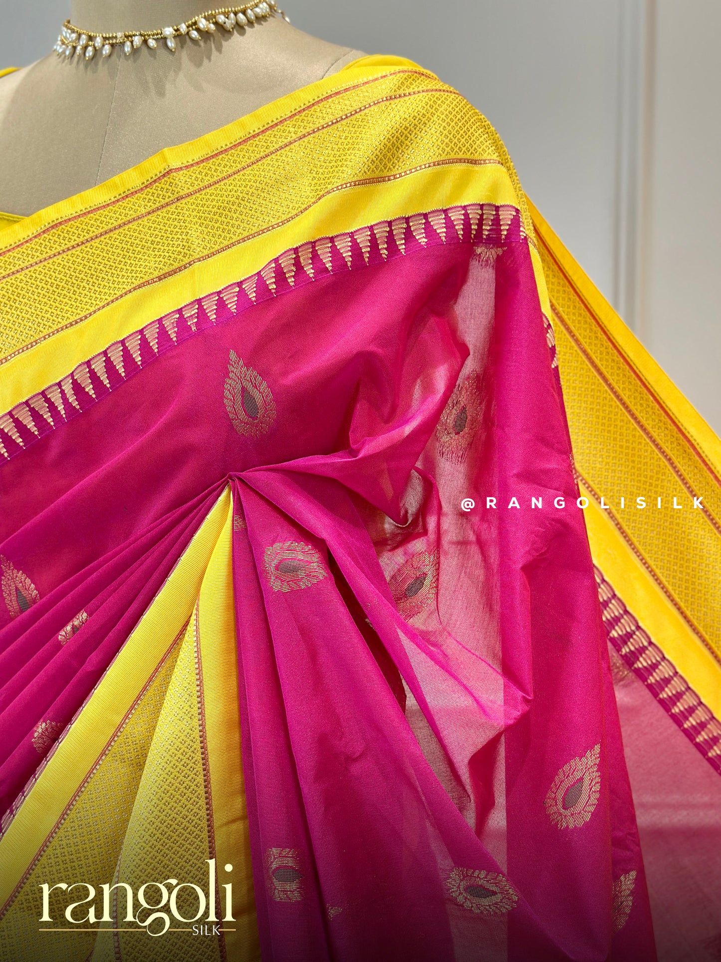 Sunshine Yellow & Rani Pink Gadwal Cotton Saree with Zari Border - Post 747