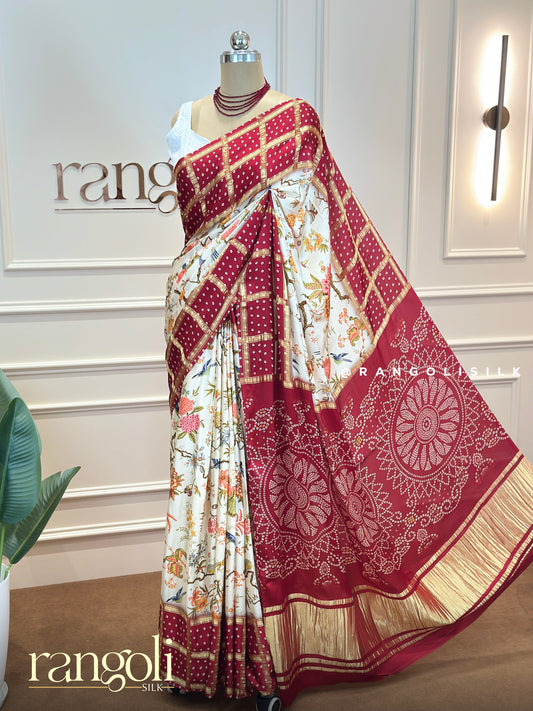 Banarasi Silk Bandhani Saree in Maroon & Ivory with Gold Zari and Ajrakh Pallu - Post 668