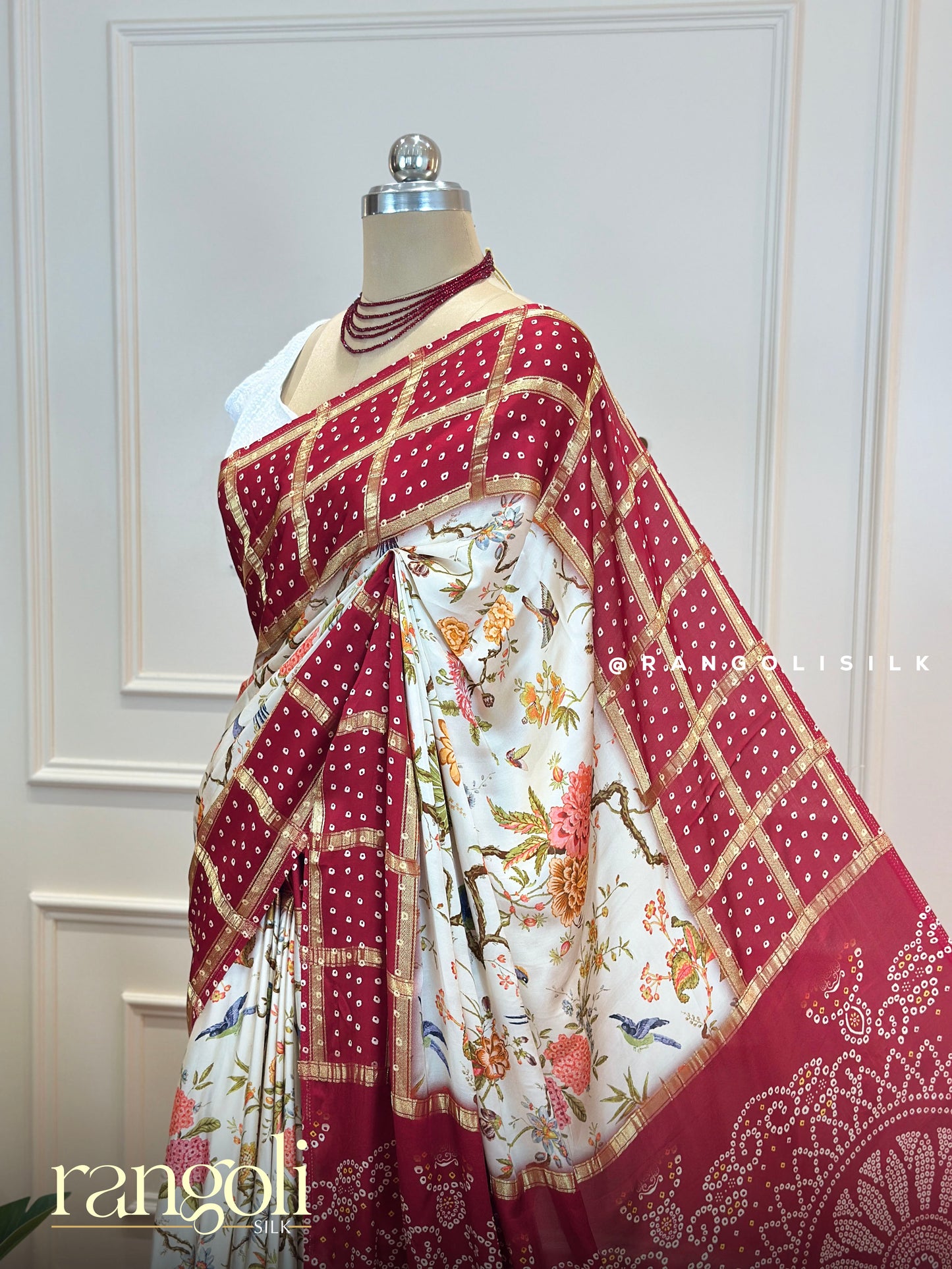 Banarasi Silk Bandhani Saree in Maroon & Ivory with Gold Zari and Ajrakh Pallu - Post 668