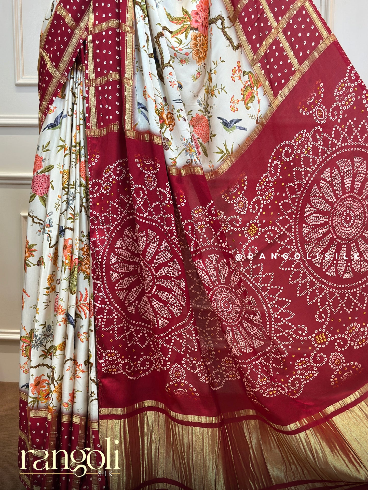 Banarasi Silk Bandhani Saree in Maroon & Ivory with Gold Zari and Ajrakh Pallu - Post 668