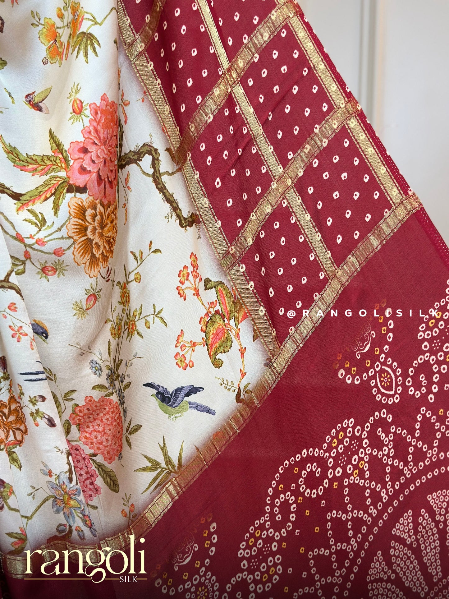 Banarasi Silk Bandhani Saree in Maroon & Ivory with Gold Zari and Ajrakh Pallu - Post 668