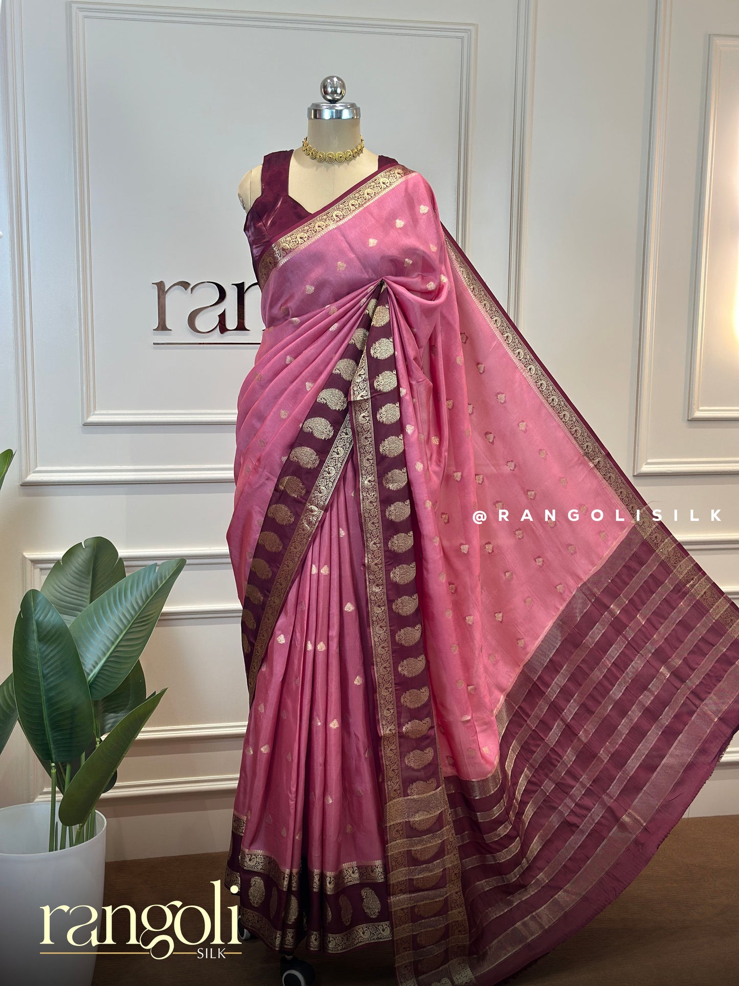 Banarasi Silk Saree with Gold Zari Buttas & Contrast Border - Post 742