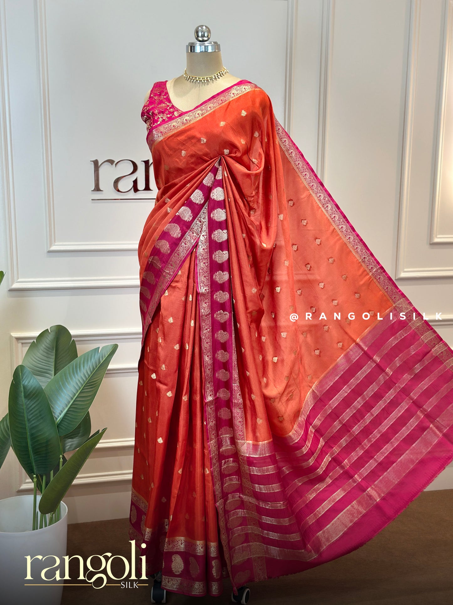 Banarasi Silk Saree with Gold Zari Buttas & Contrast Border - Post 742