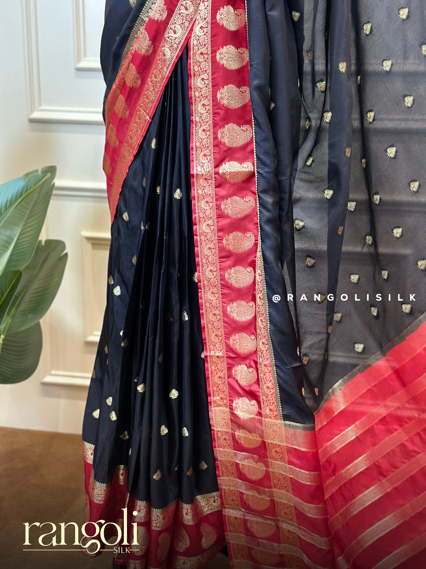 Banarasi Silk Saree with Gold Zari Buttas & Contrast Border - Post 742