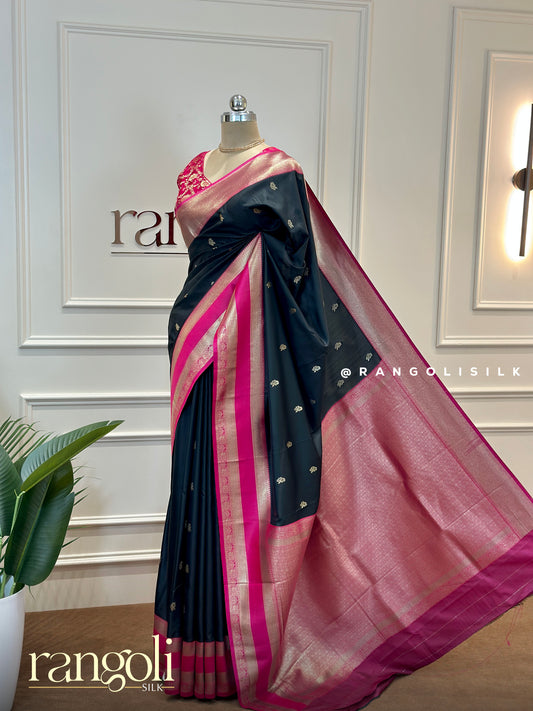 Timeless Black & Pink Semi Silk Saree with Golden Motifs and Vibrant Pallu - Post 570
